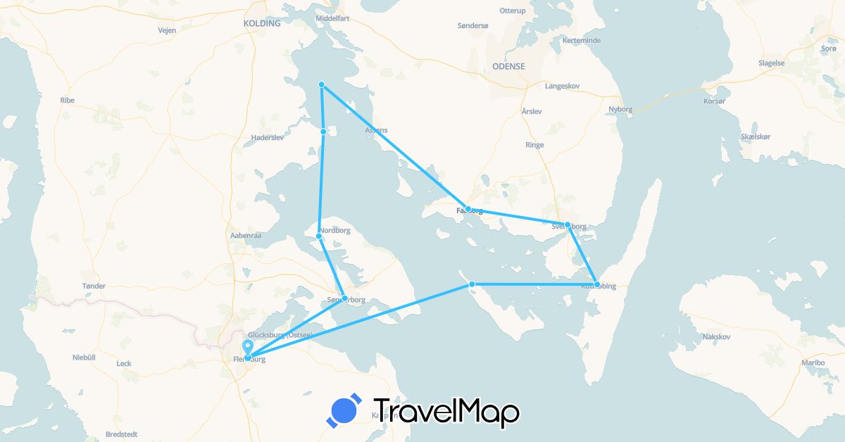 TravelMap itinerary: driving, boat in Germany, Denmark (Europe)