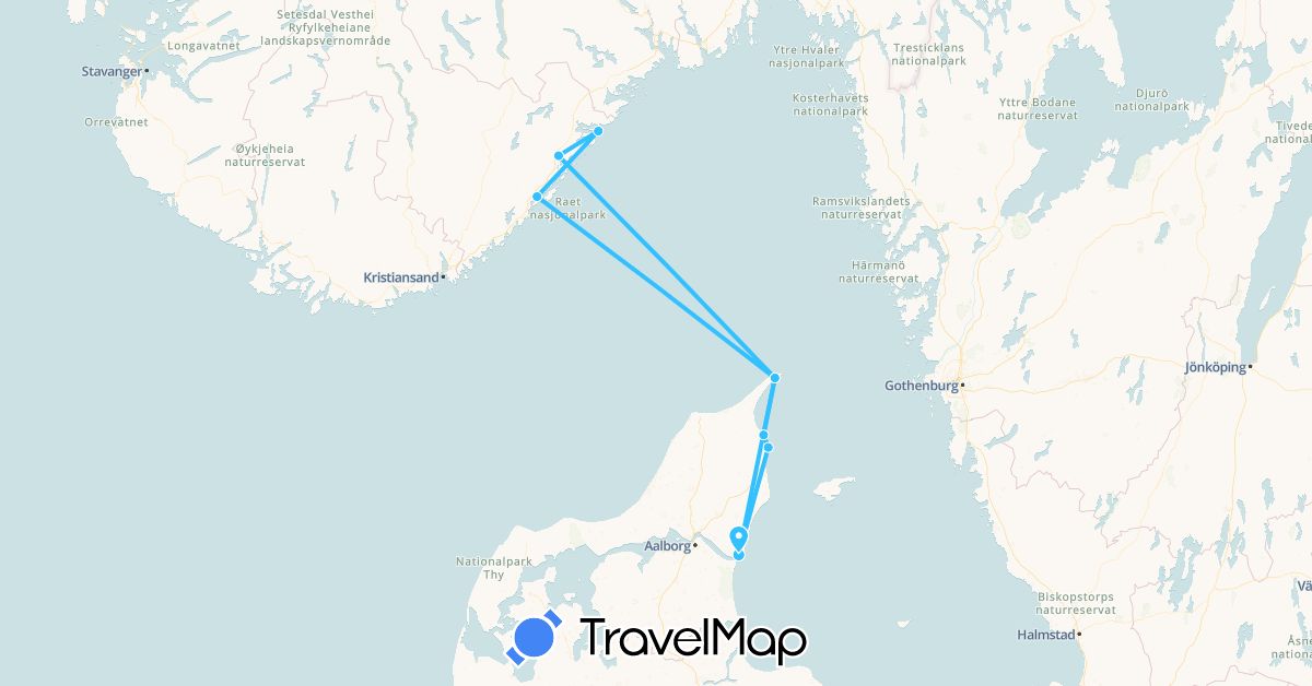 TravelMap itinerary: driving, boat in Denmark, Norway (Europe)