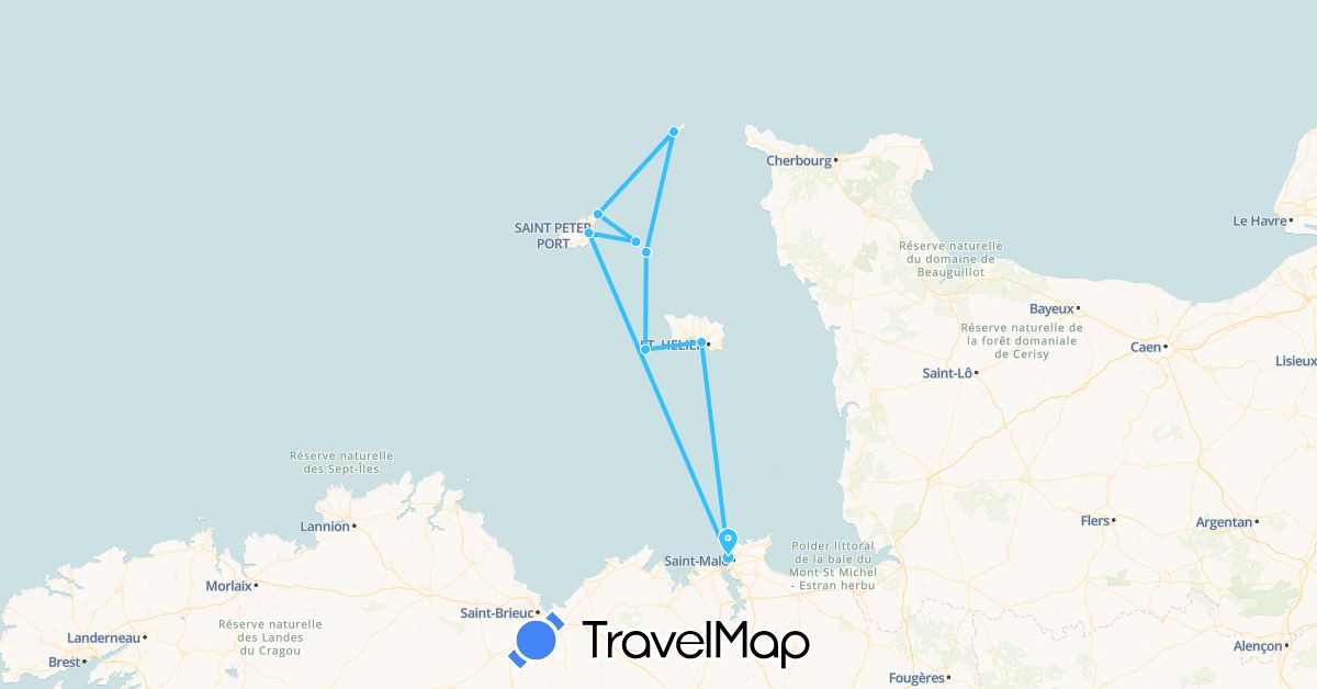TravelMap itinerary: driving, boat in France, Guernsey, Jersey (Europe)