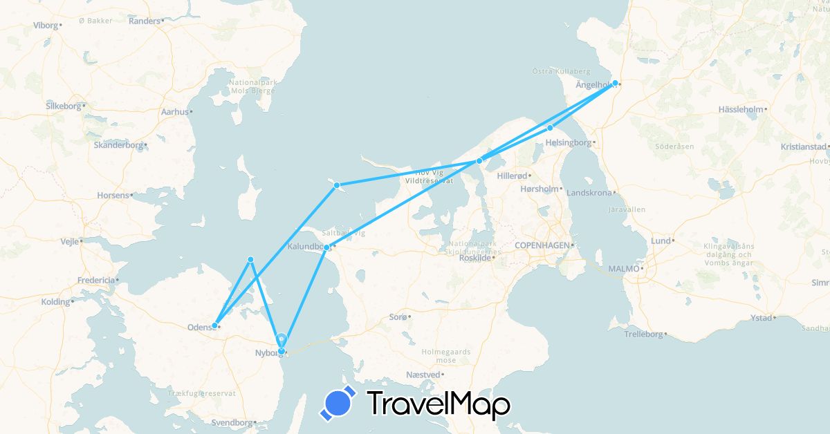 TravelMap itinerary: driving, boat in Denmark, Sweden (Europe)